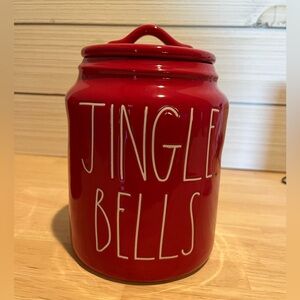 **SOLD**Rae Dunn Red Flat Lid Jingle Bells Canister
